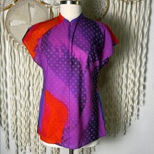 Akris Multicolor Bright Purple Red Front Zip Cap Sleeve Blouse Size US4